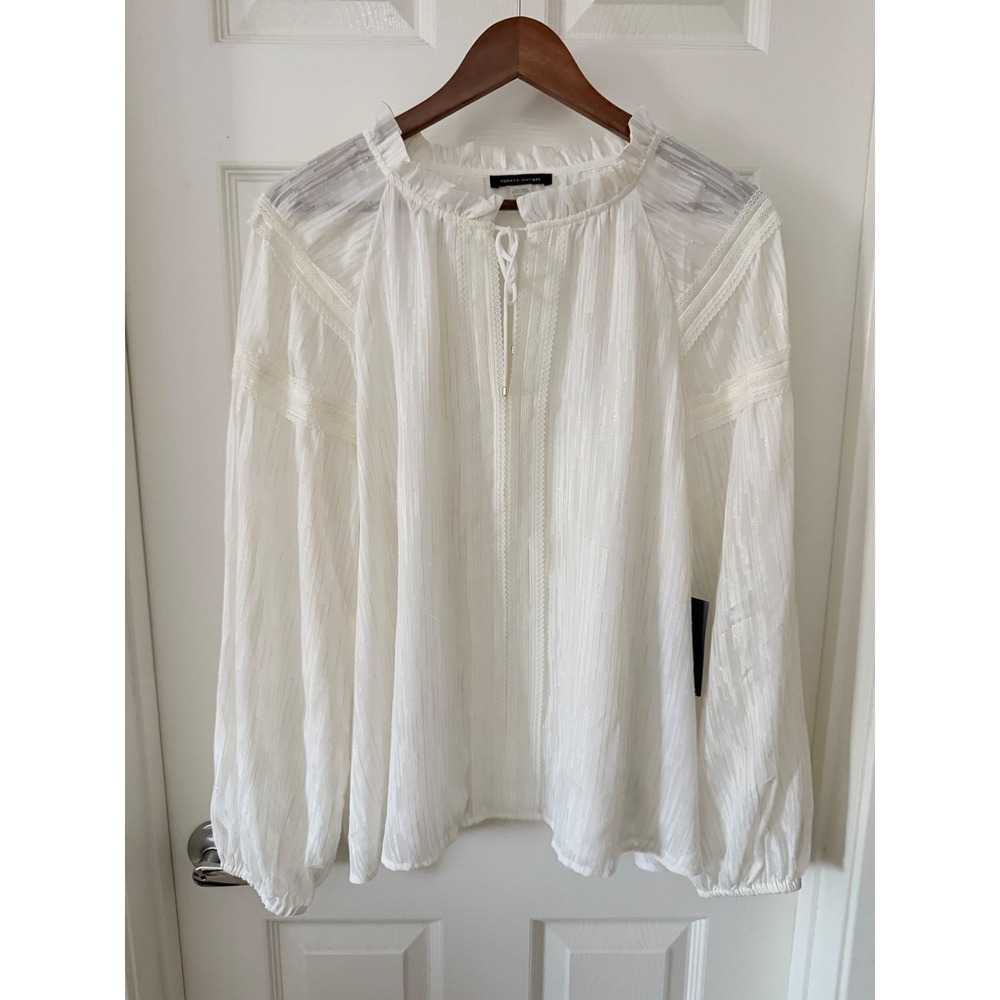 Tommy Hilfiger Women Cream Metallic Stripe Lace Trim Peasant Blouse XL
